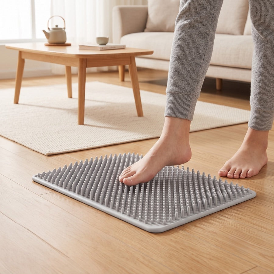 bare feet standing on a pressure-point mat at home