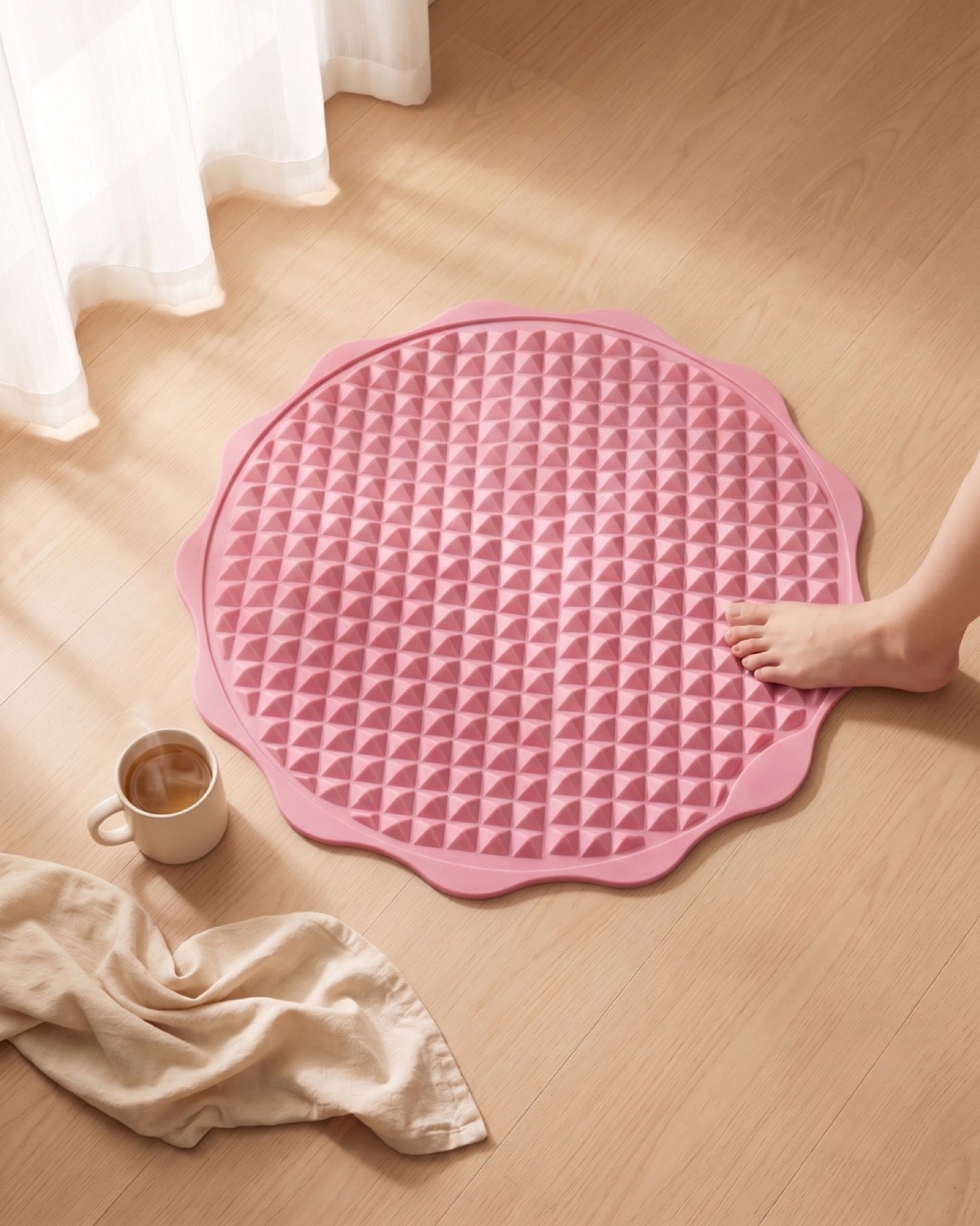 Petal Press scalloped pressure-point mat styled in warm natural light