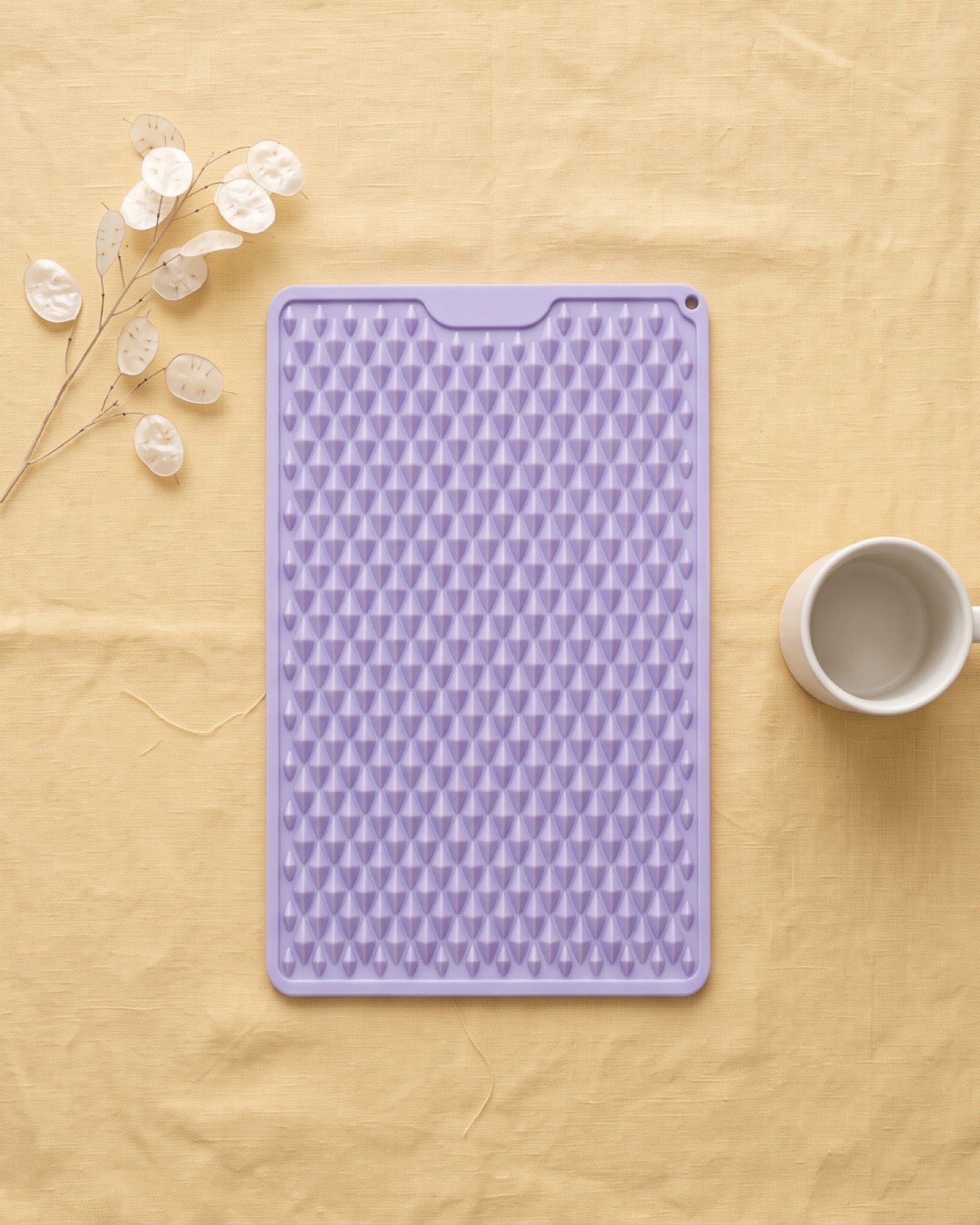 Prism Press reversible pressure-point mat styled in warm natural light